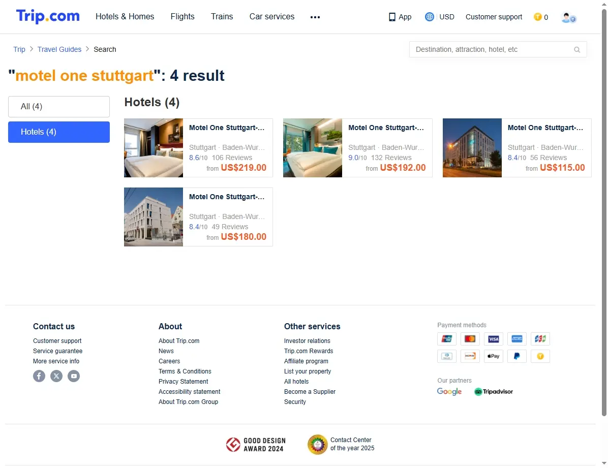 Screenshot von Hotelangeboten für Motel One Stuttgart