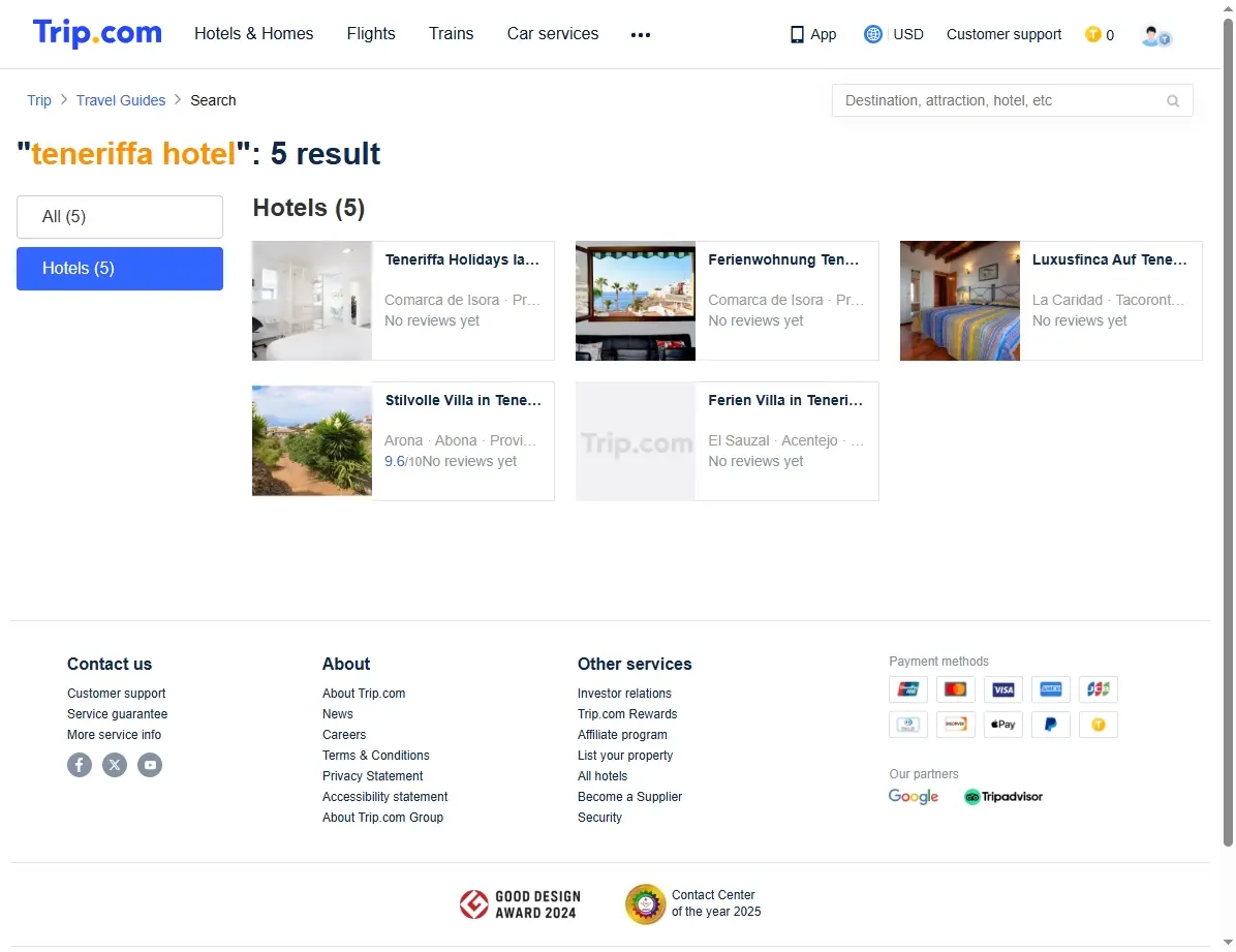 Hotelangebote Teneriffa: Screenshot einer Buchungsseite mit vielen Hoteldeals