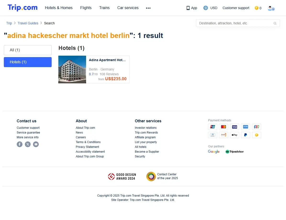 Screenshot einer Website, die Hotelangebote für das Adina Hackescher Markt Hotel Berlin anzeigt.