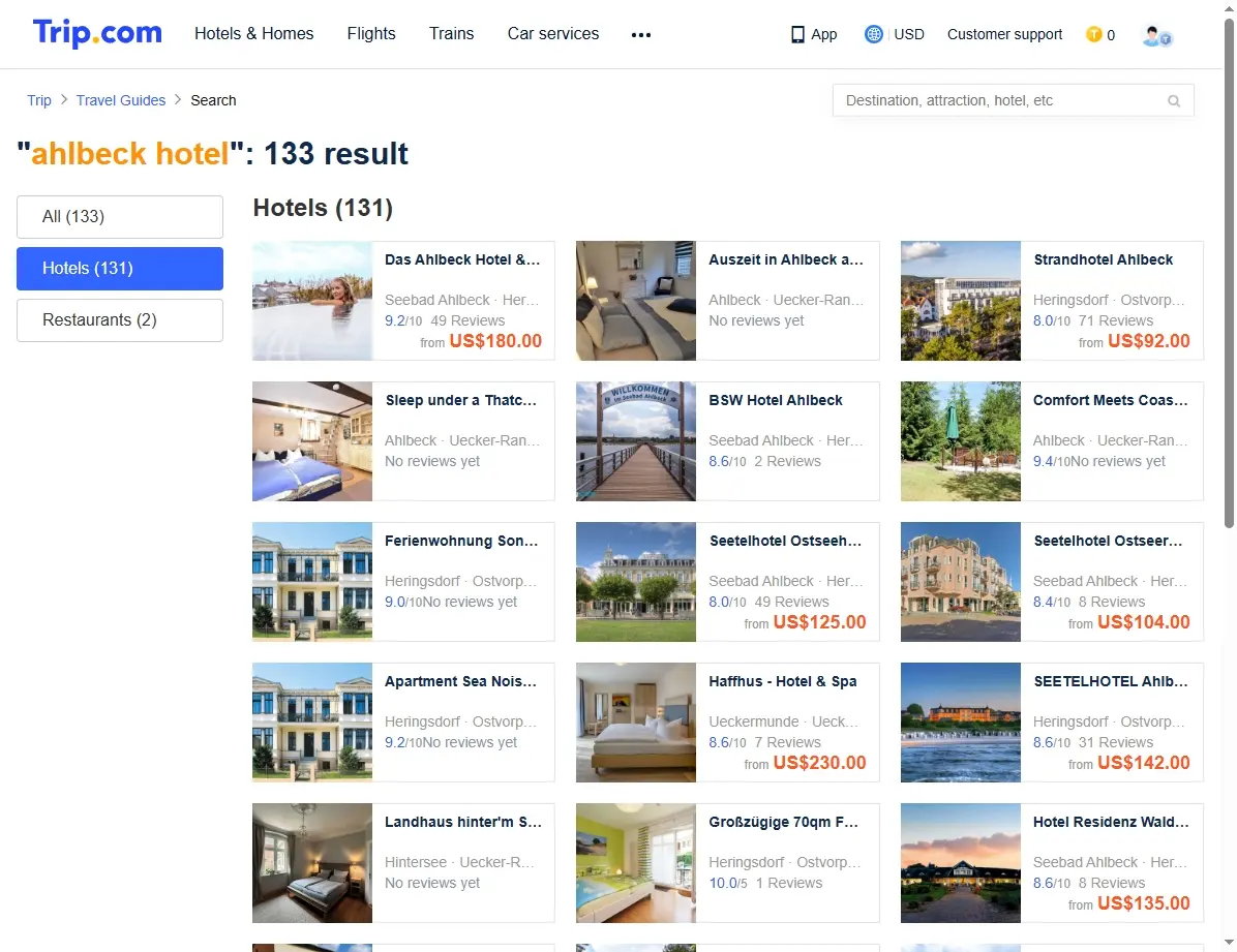Spezielle Hotelangebote für Ahlbeck auf einer Buchungswebsite