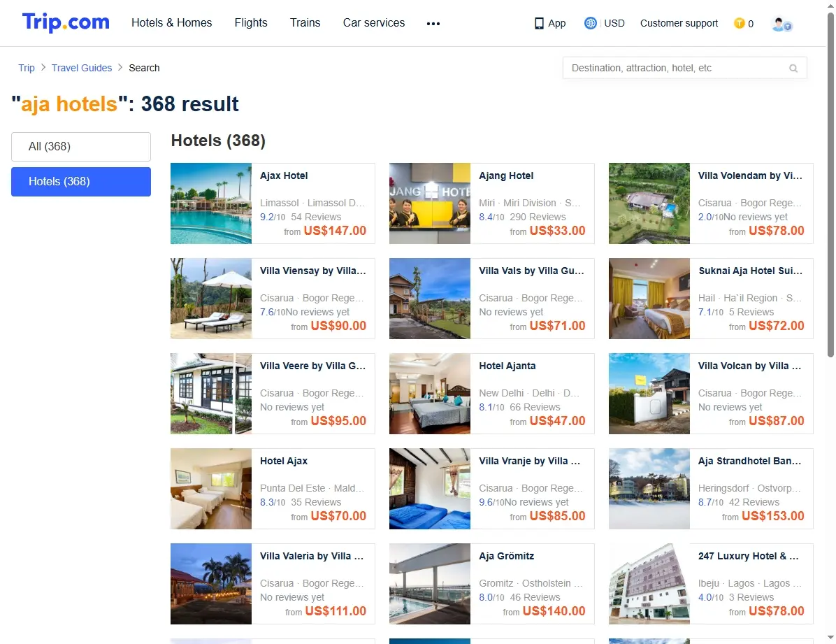 Screenshot von Trip.com, der aja hotels Deals anzeigt
