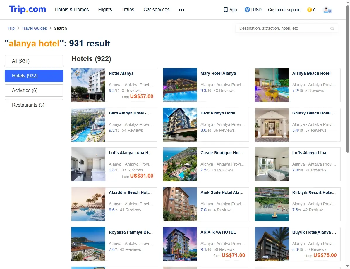 Screenshot einer Hotelbuchungswebsite mit vielen Alanya Hotel Deals.
