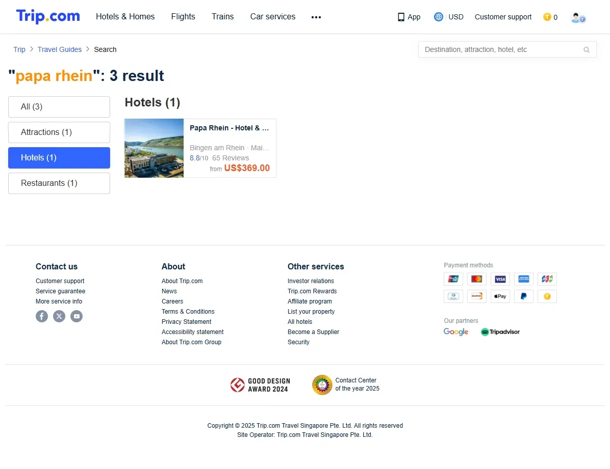 Screenshot einer Hotelsuchseite mit Deals für Papa Rhein