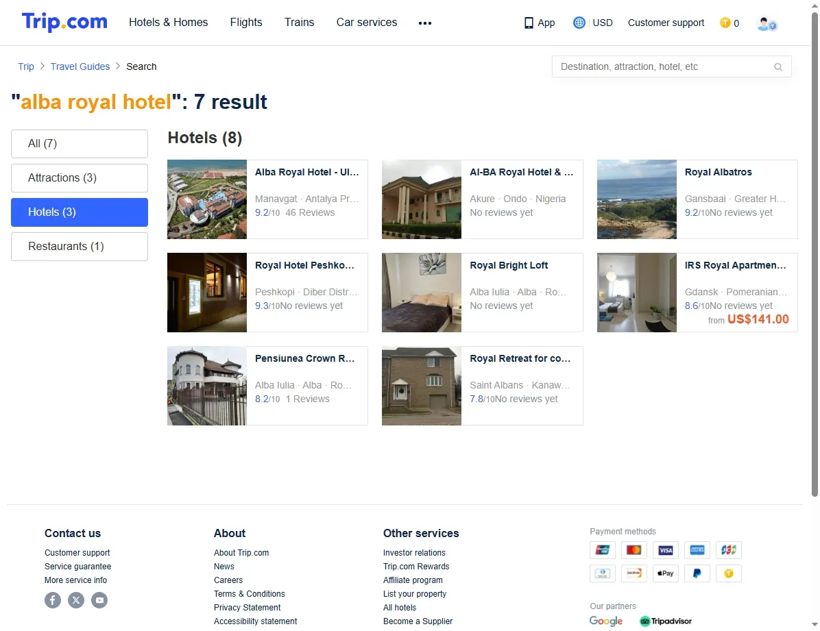 Screenshot einer Website mit Hotelangeboten für das Alba Royal Hotel