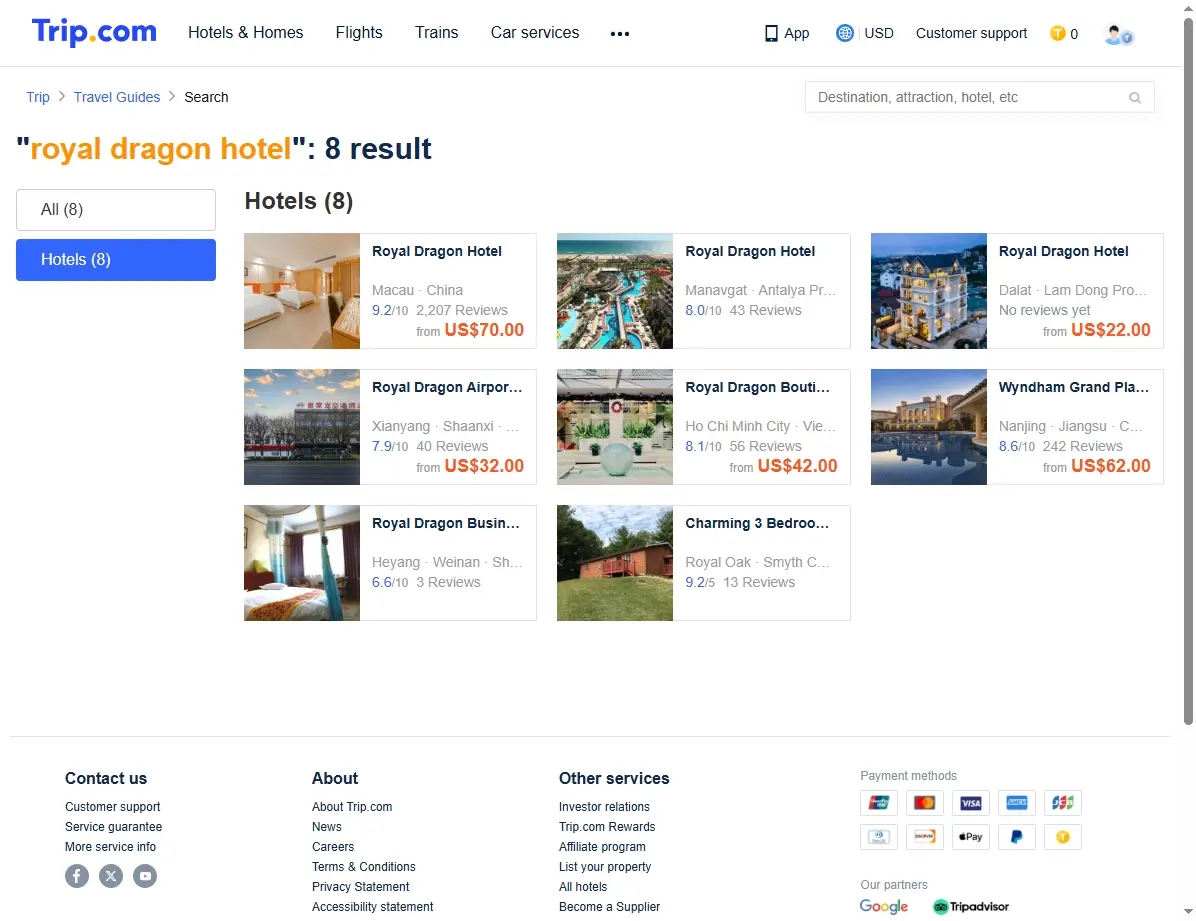 Screenshot einer Website, die Hotelangebote für das Royal Dragon Hotel zeigt.