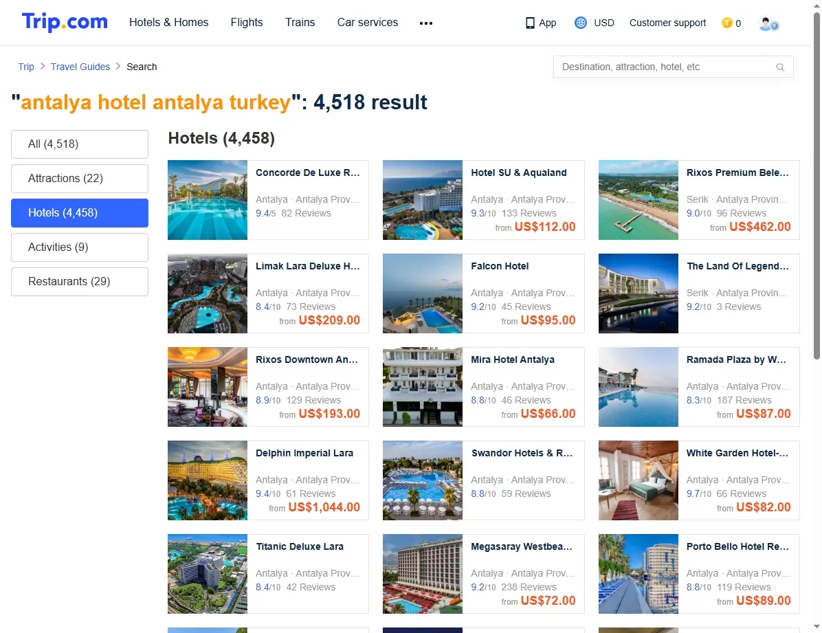 Screenshot einer Buchungswebsite, die Angebote für Hotels in Antalya, Türkei, zeigt.
