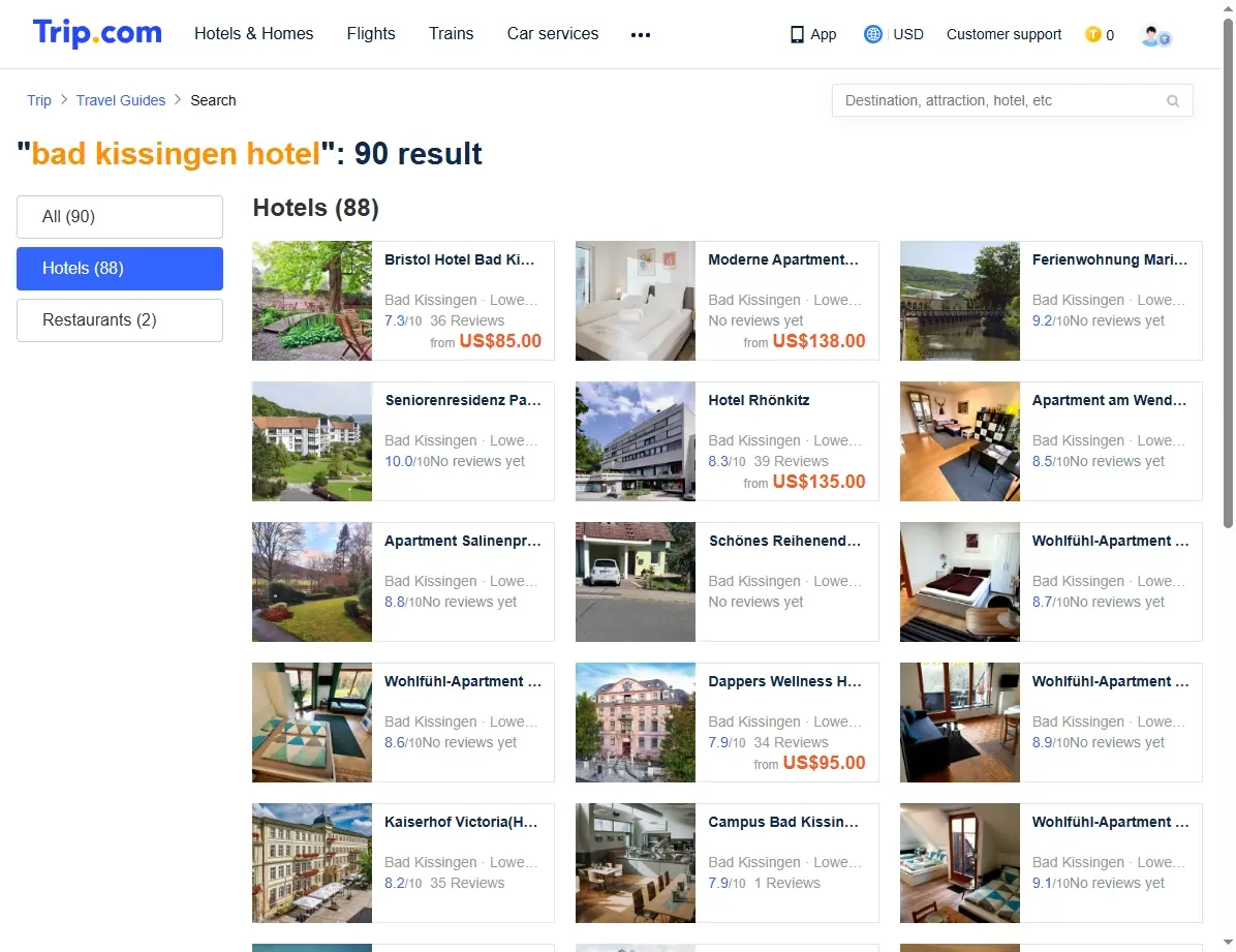 Screenshot einer Buchungsplattform mit speziellen Hotelangeboten für Bad Kissingen