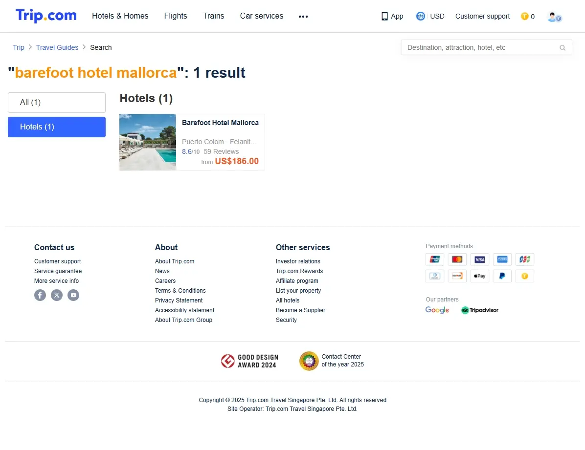 Screenshot einer Website, die Hotelangebote für das Barefoot Hotel Mallorca anzeigt