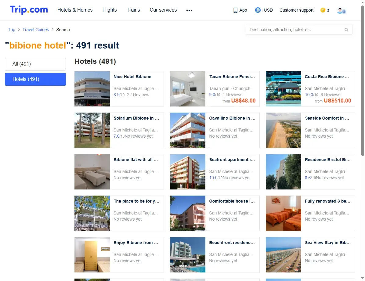 Screenshot einer Hotelbuchungswebseite mit Deals für Bibione Hotels.
