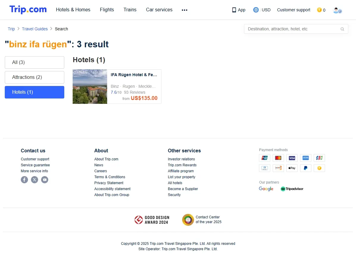 Screenshot von Hotelangeboten für IFA Rügen Binz
