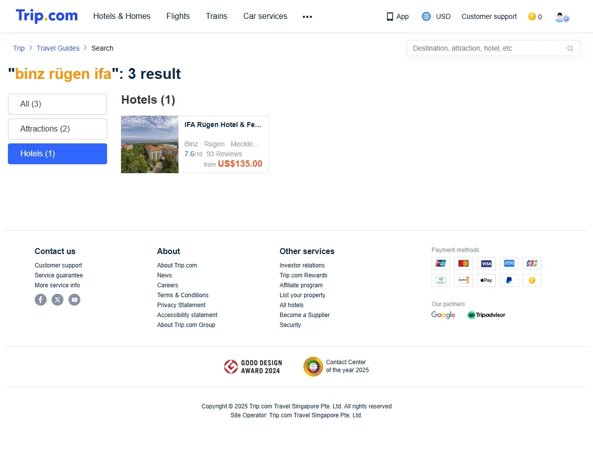 Screenshot einer Website mit Hotelangeboten für IFA Rügen.