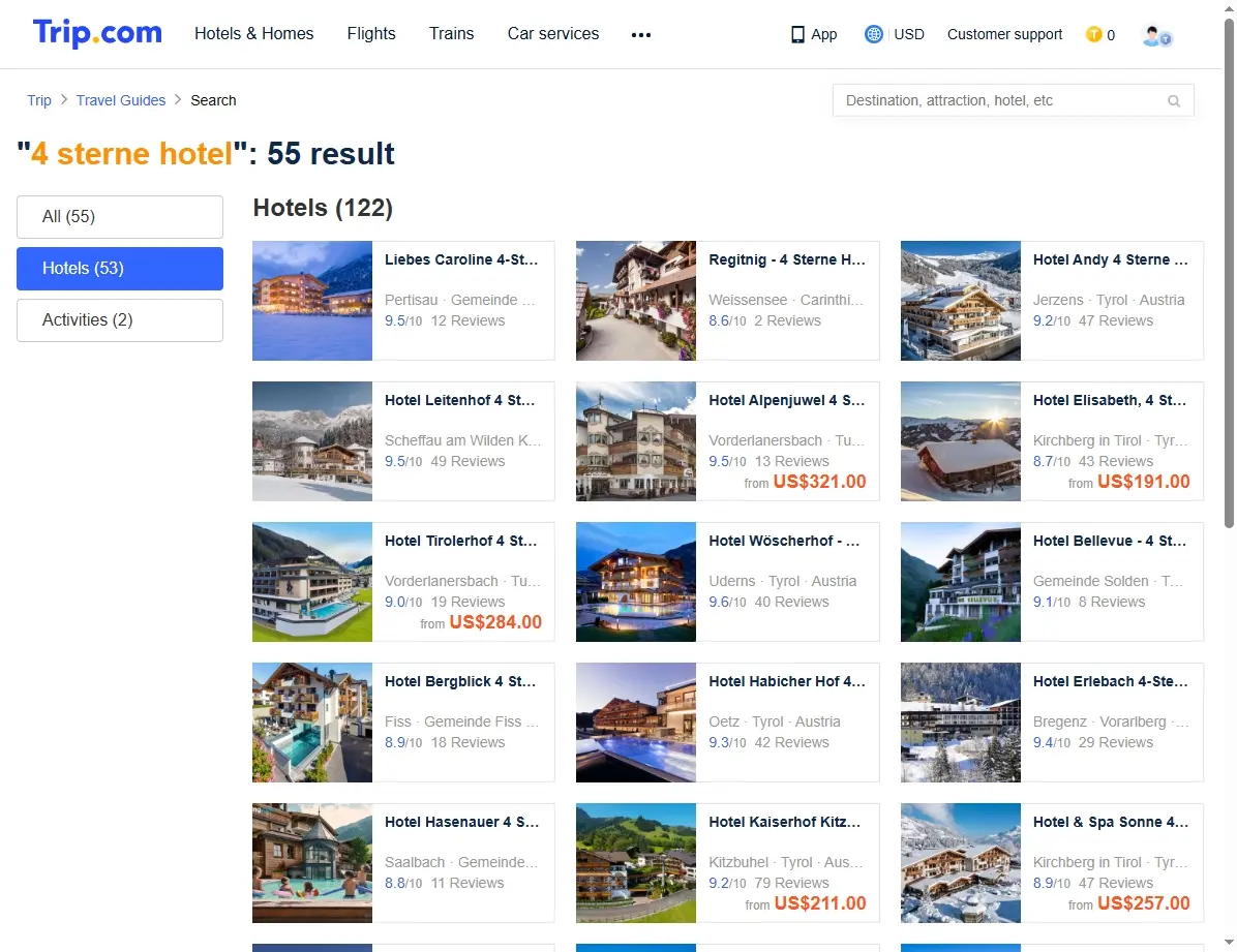 Screenshot einer Website, die Hotelangebote zeigt