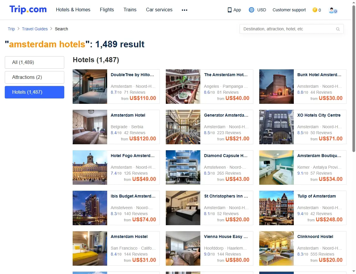 Screenshot von Hotel-Angeboten in Amsterdam
