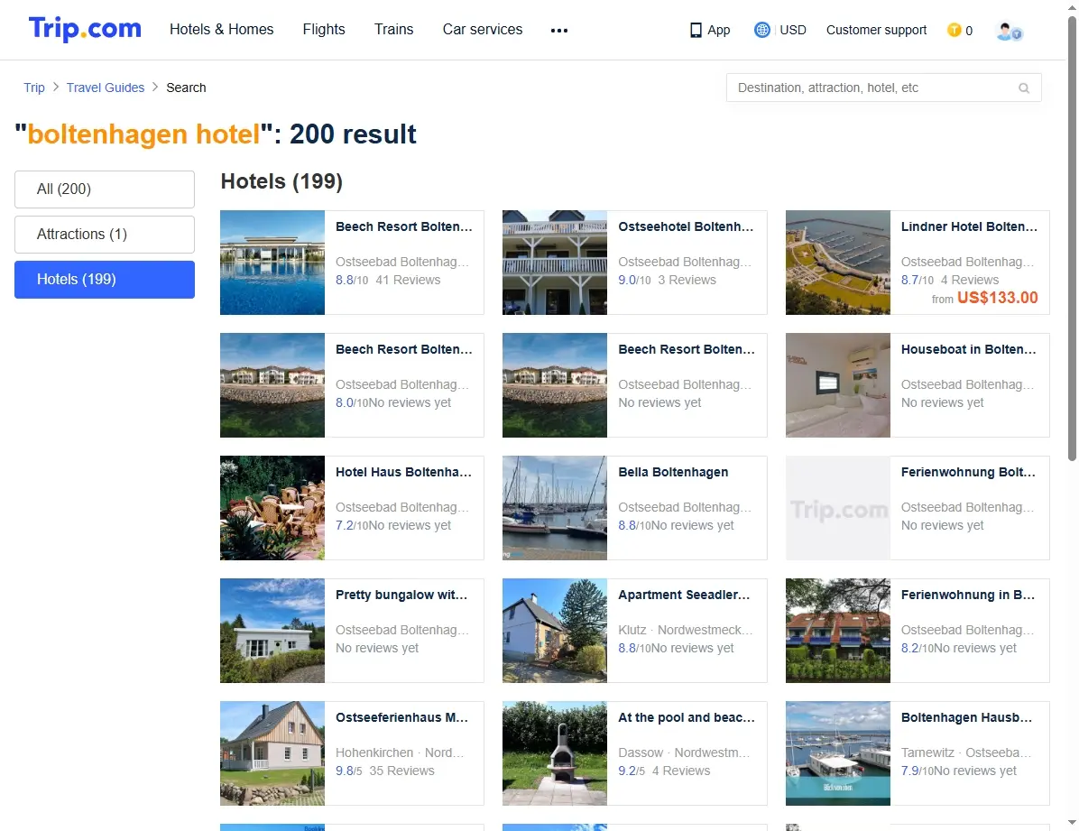 Screenshot einer Website mit Hotelangeboten für Boltenhagen