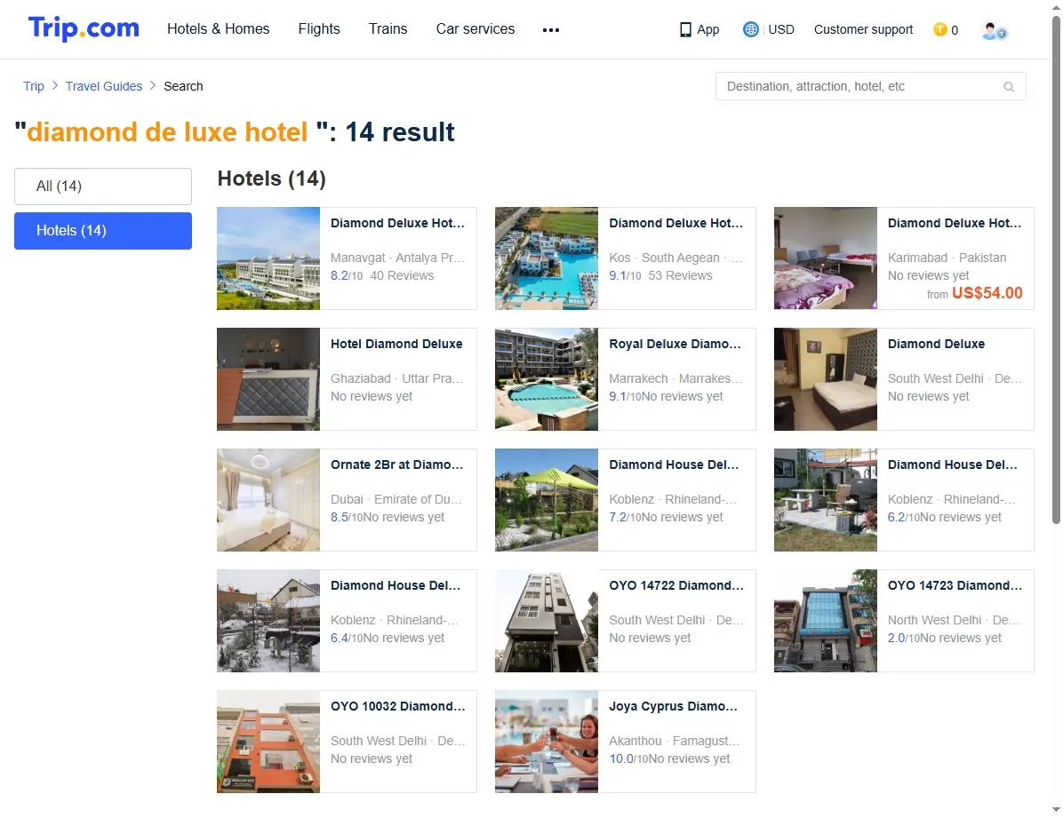 Screenshot einer Buchungsplattform mit Hotelangeboten
