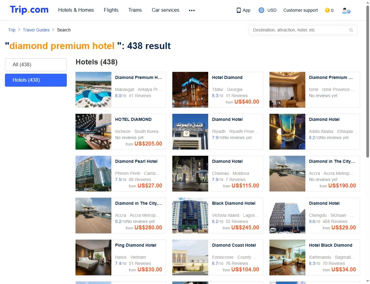 Screenshot von Hotelangeboten für das Diamond Premium Hotel & Spa