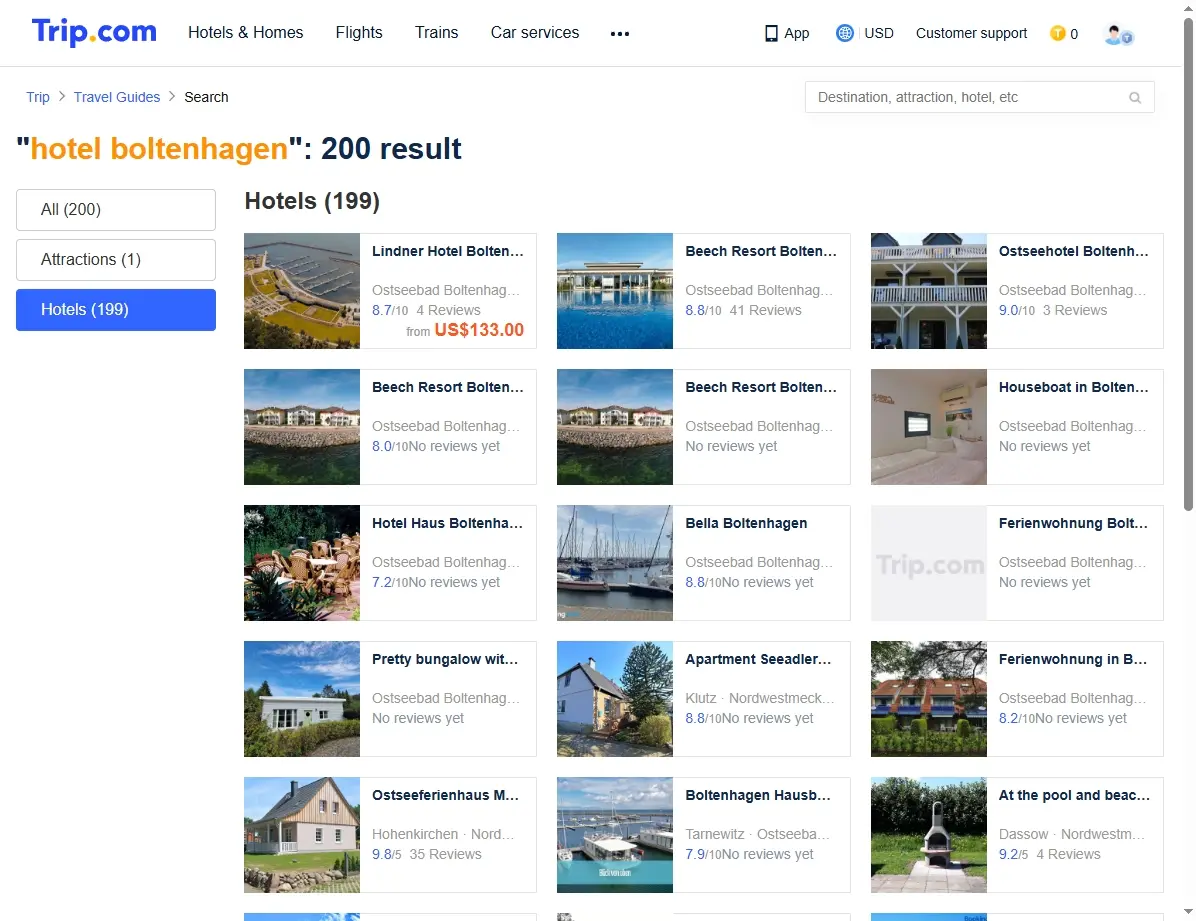 Screenshot von Trip.com Hotelangeboten in Boltenhagen