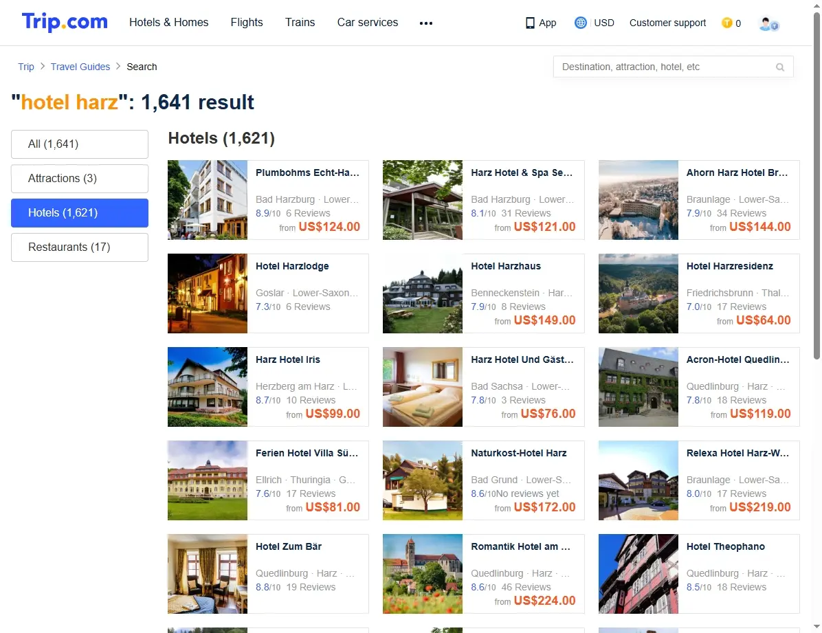 Screenshot einer Website mit Hotelangeboten und Suchergebnissen für den Harz.