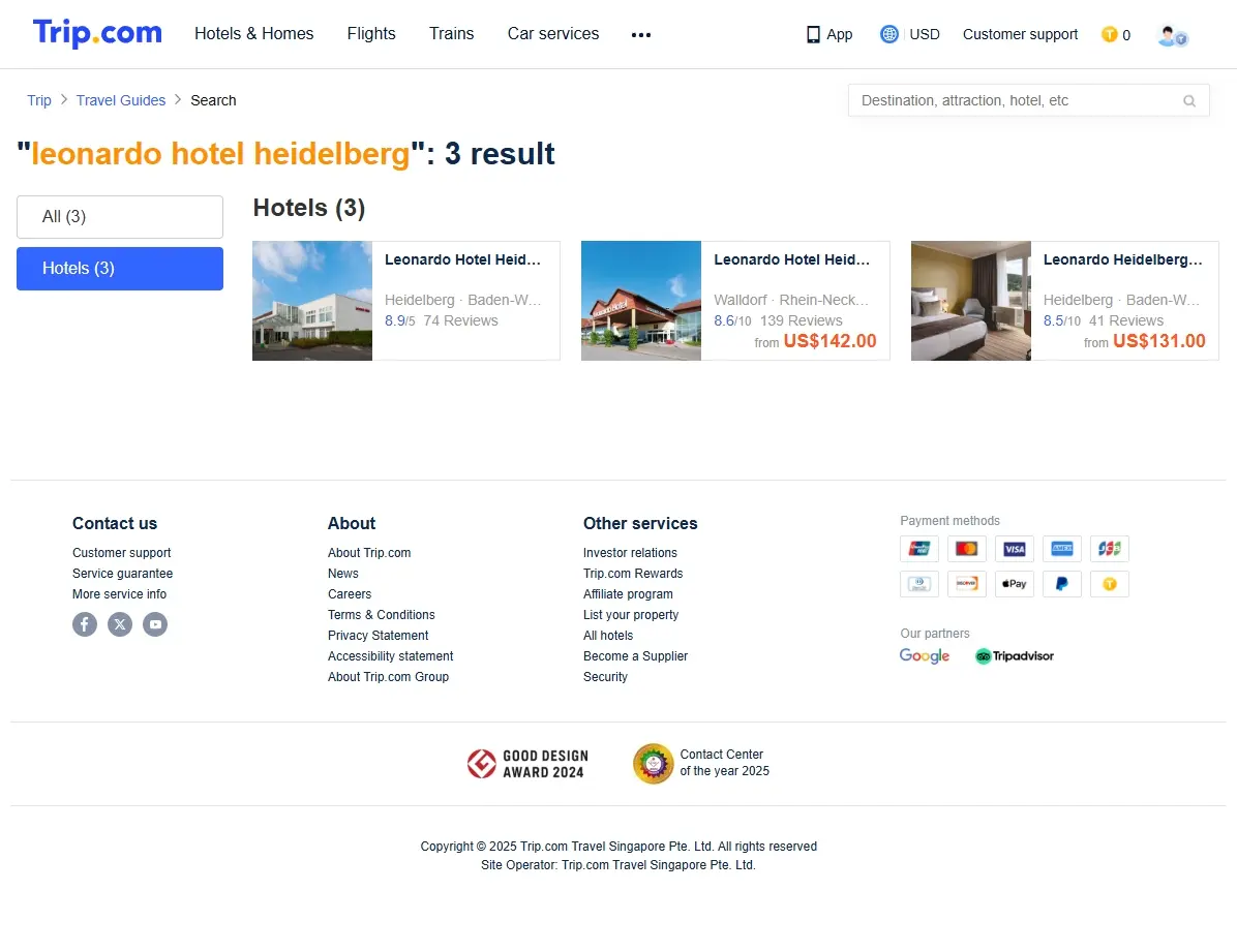 Screenshot einer Website mit Hotelangeboten für das Leonardo Hotel Heidelberg