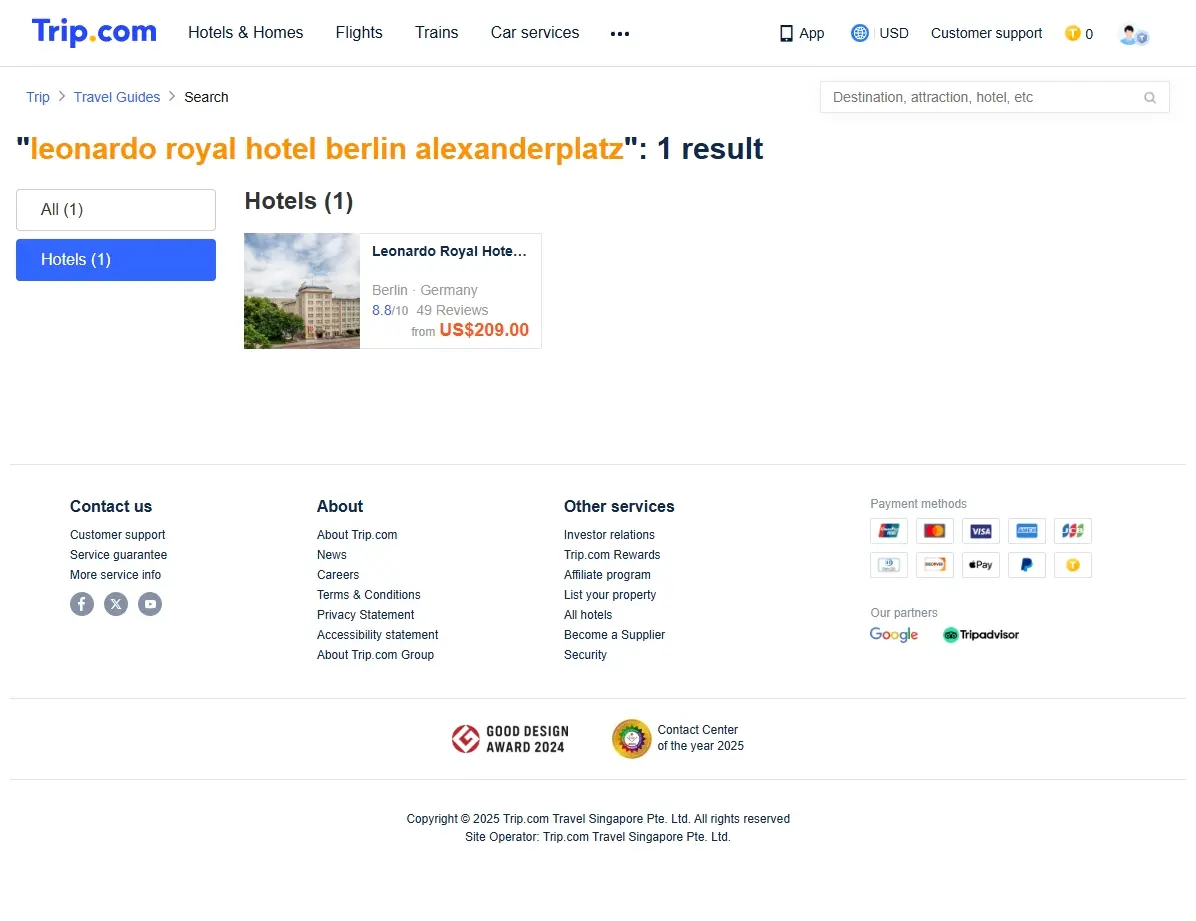 Screenshot mit speziellen Hotelangeboten für das Leonardo Royal Hotel Berlin Alexanderplatz.