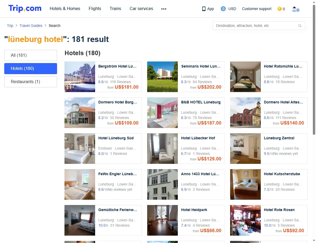 Screenshot einer Website, die Hotelangebote für Lüneburg zeigt