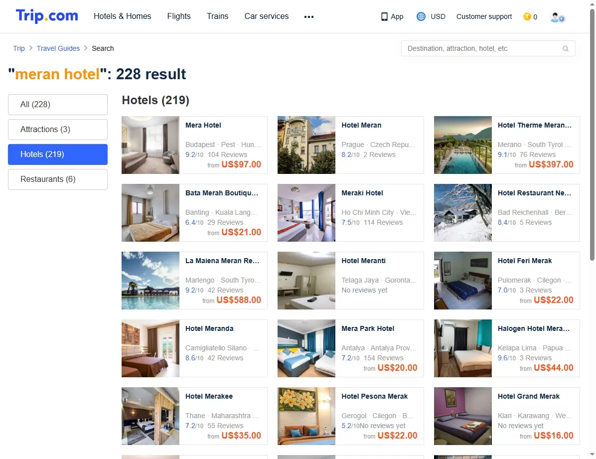 Screenshot einer Buchungsplattform mit speziellen Hotelangeboten in Meran.