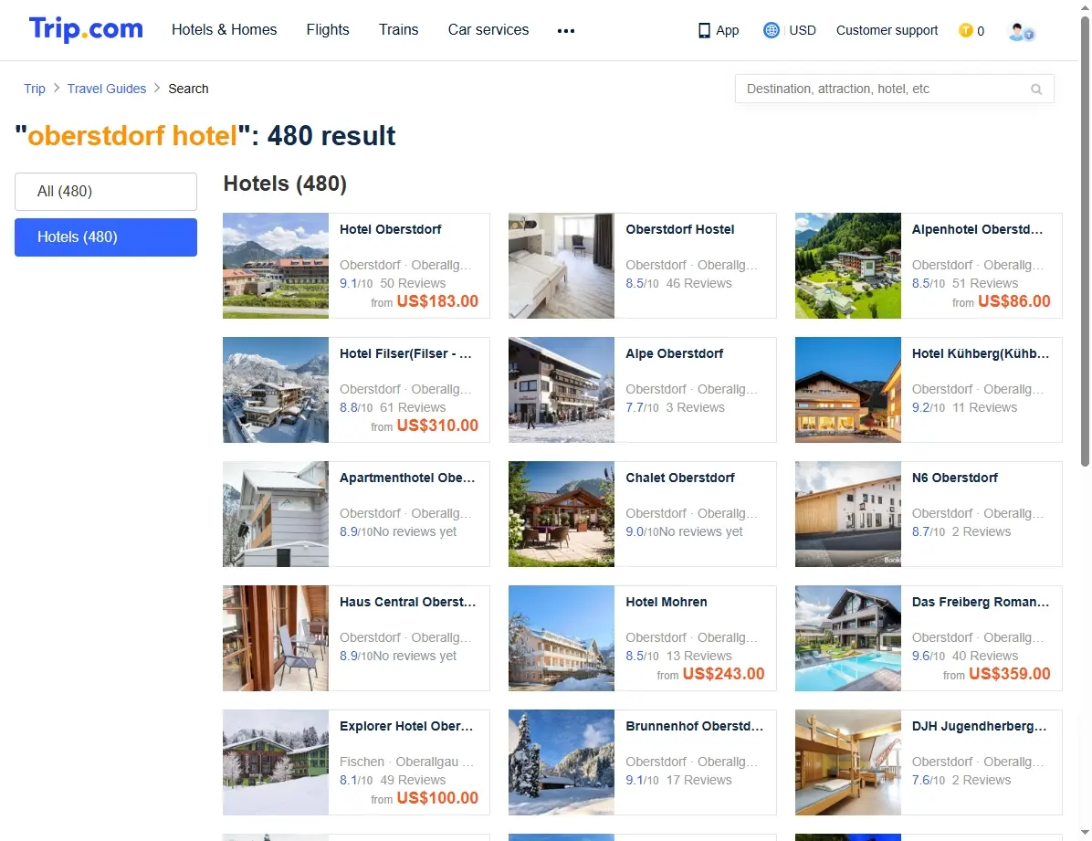 Screenshot einer Website mit Hotelangeboten für Oberstdorf