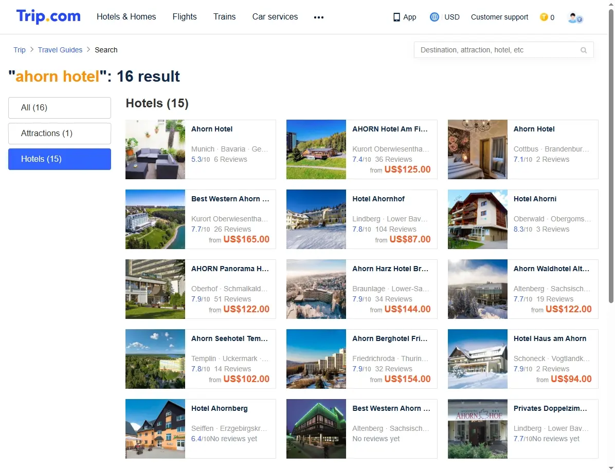 Screenshot von Trip.com Hotelangeboten für Ahorn Hotels