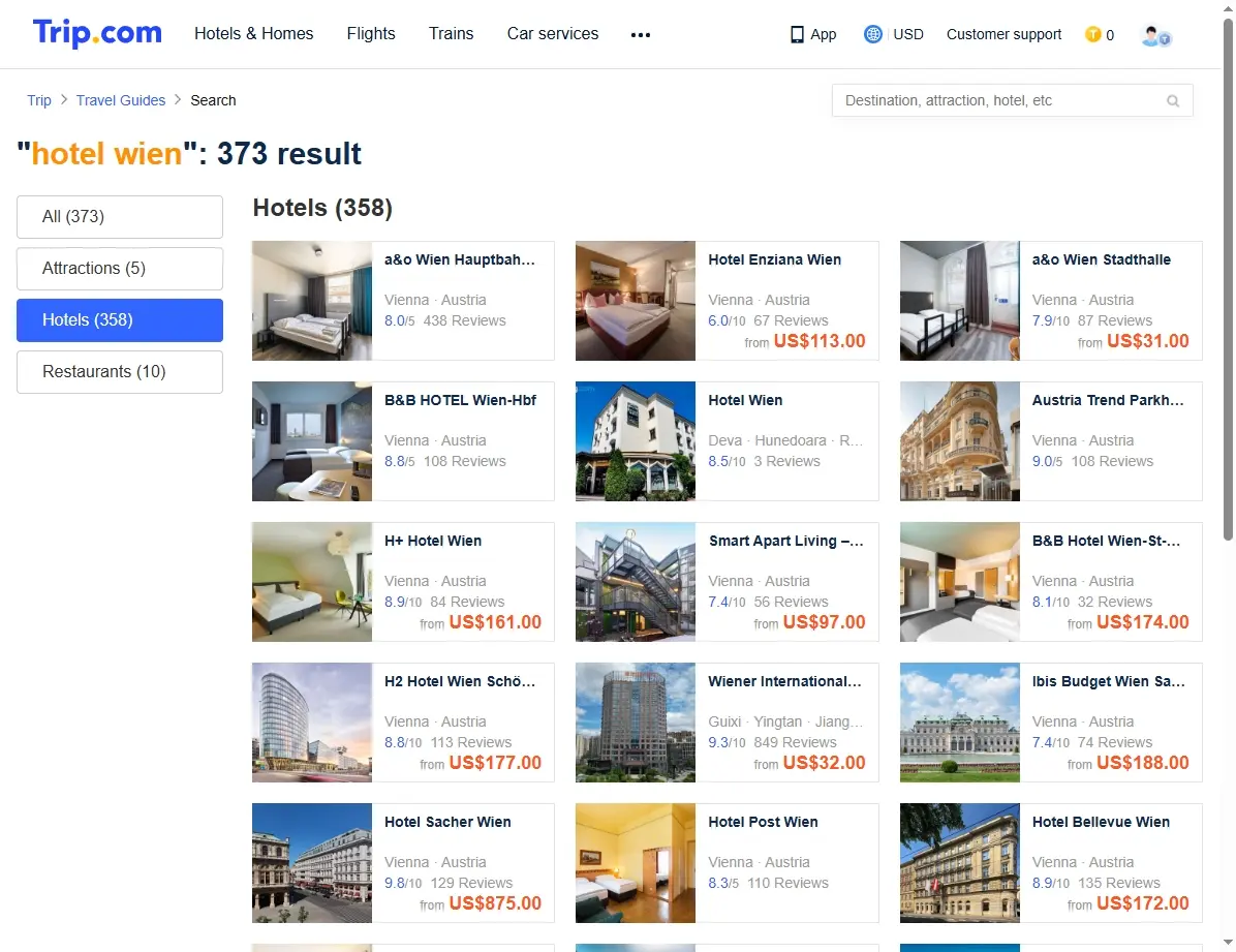Screenshot einer Reisesuchmaschine mit Hotelangeboten in Wien.