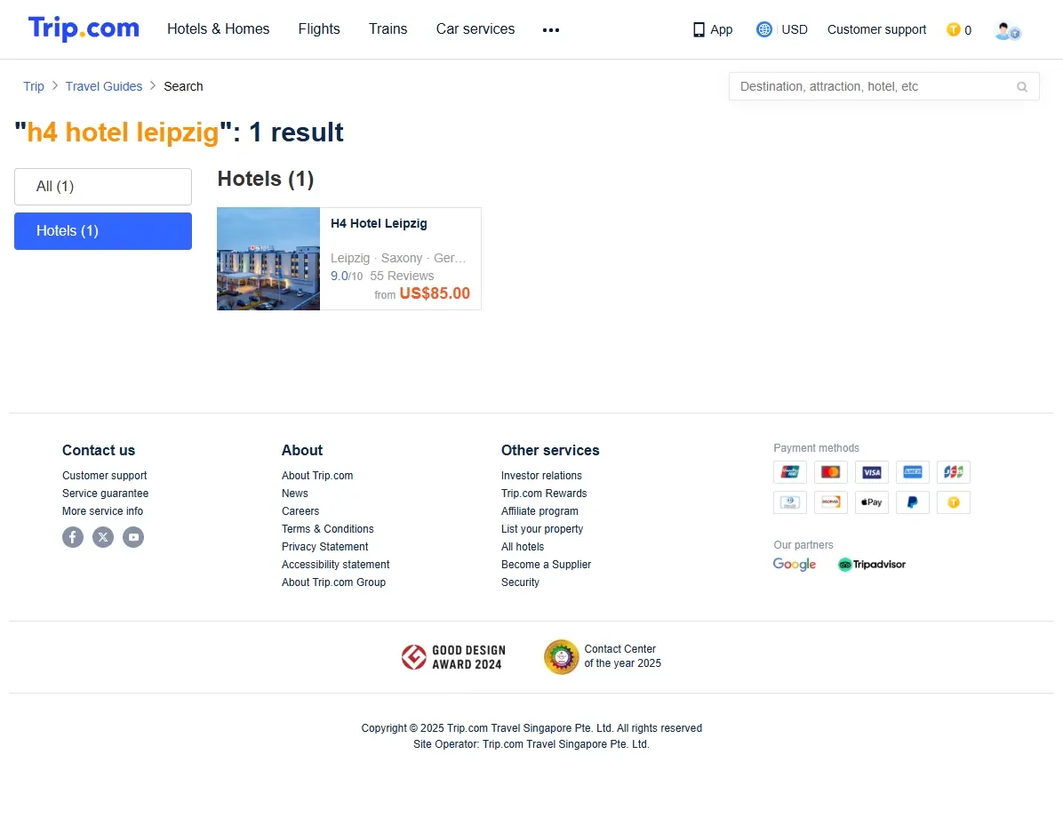 Screenshot einer Website mit Hotelangeboten für das H4 Hotel Leipzig