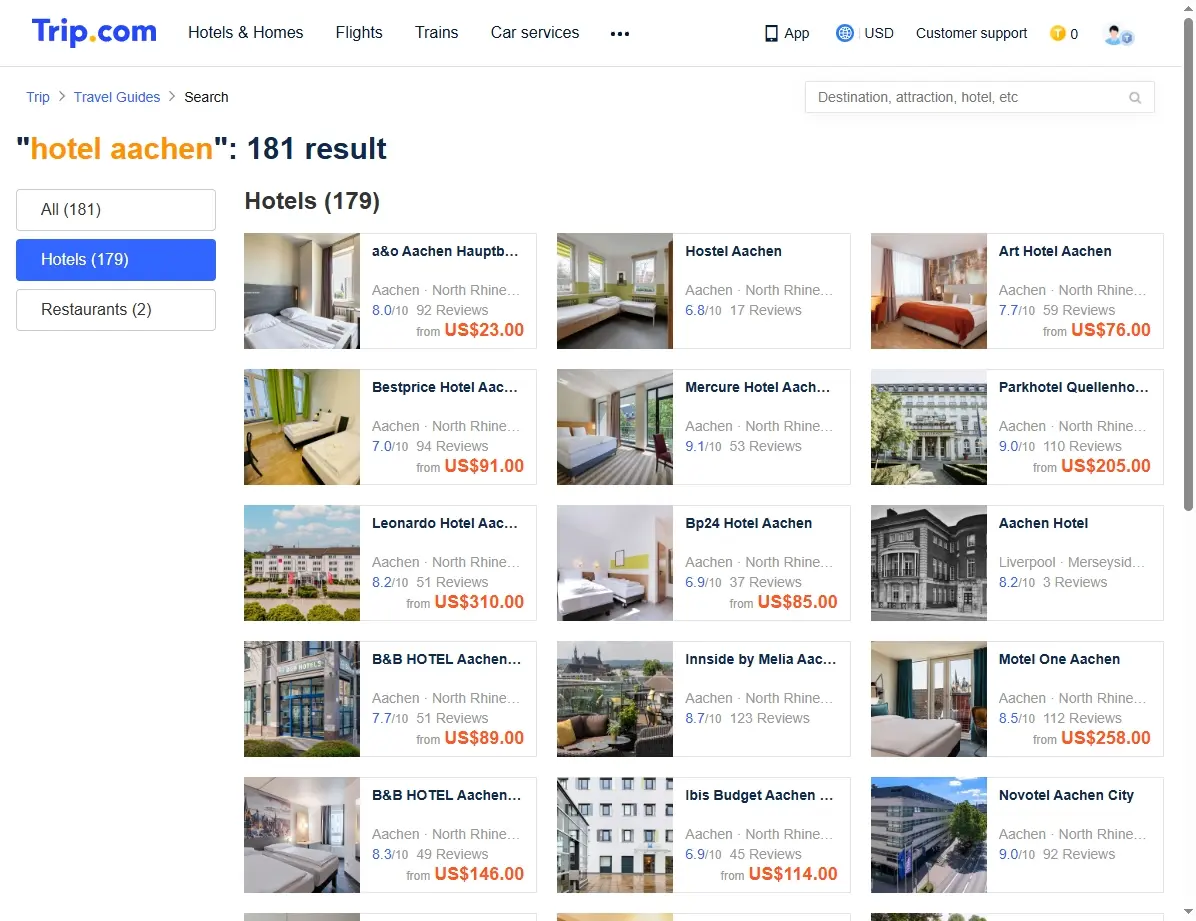 Screenshot von Trip.com Hotelangeboten in Aachen