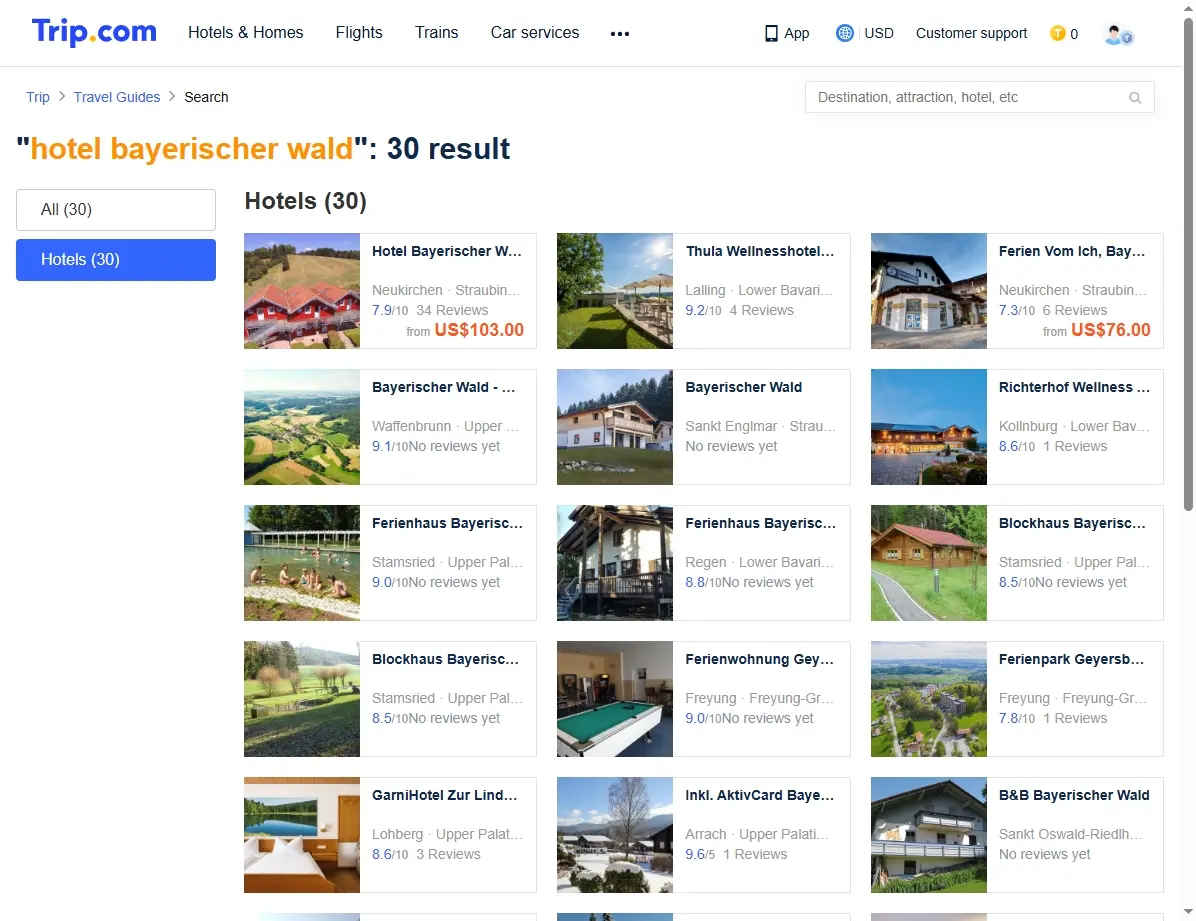 Screenshot einer Buchungsplattform mit Hotelangeboten im Bayerischen Wald.