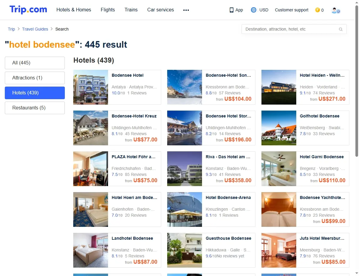 Screenshot einer Website mit Hotelangeboten für den Bodensee