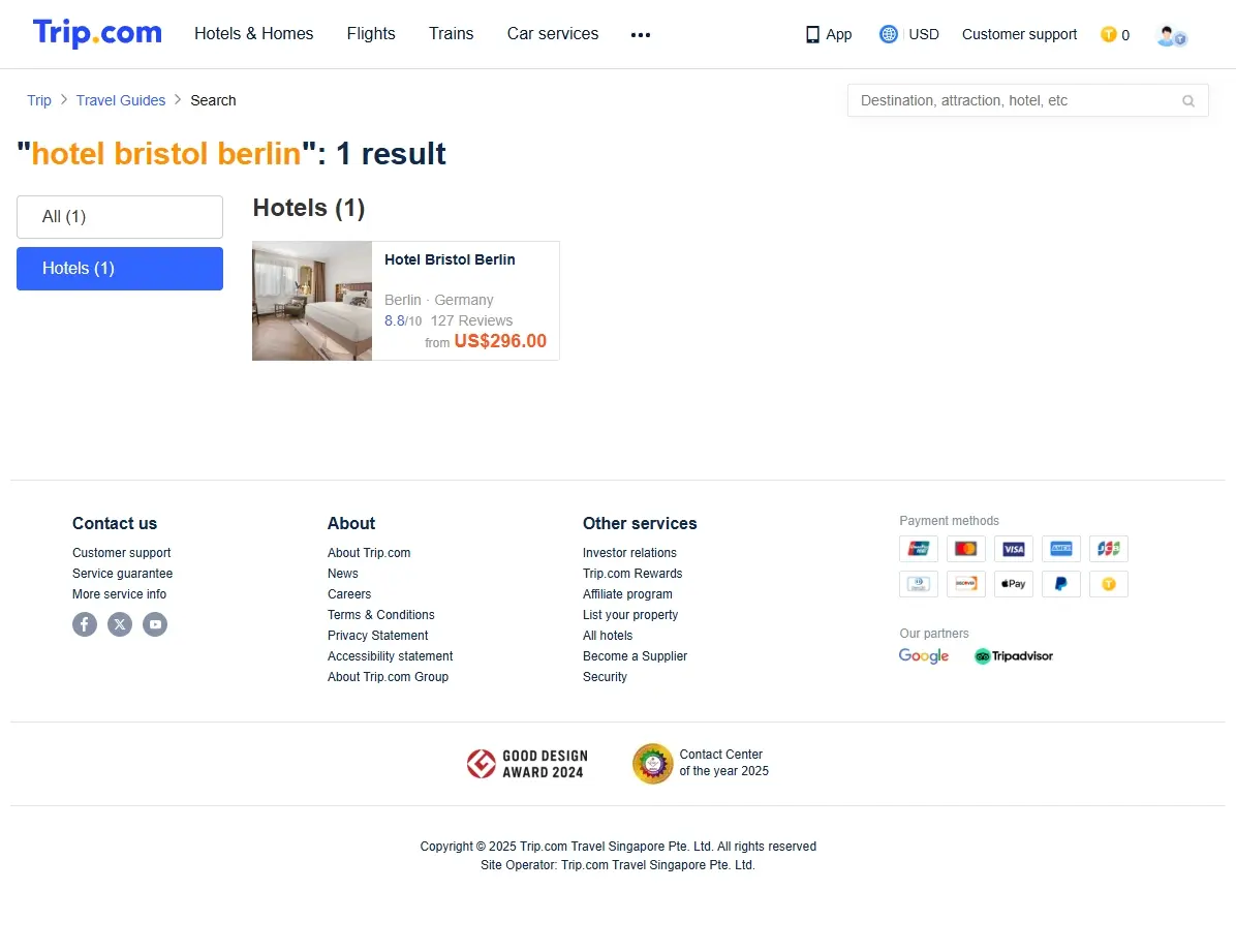 Screenshot einer Website mit Hotelangeboten für das Hotel Bristol Berlin