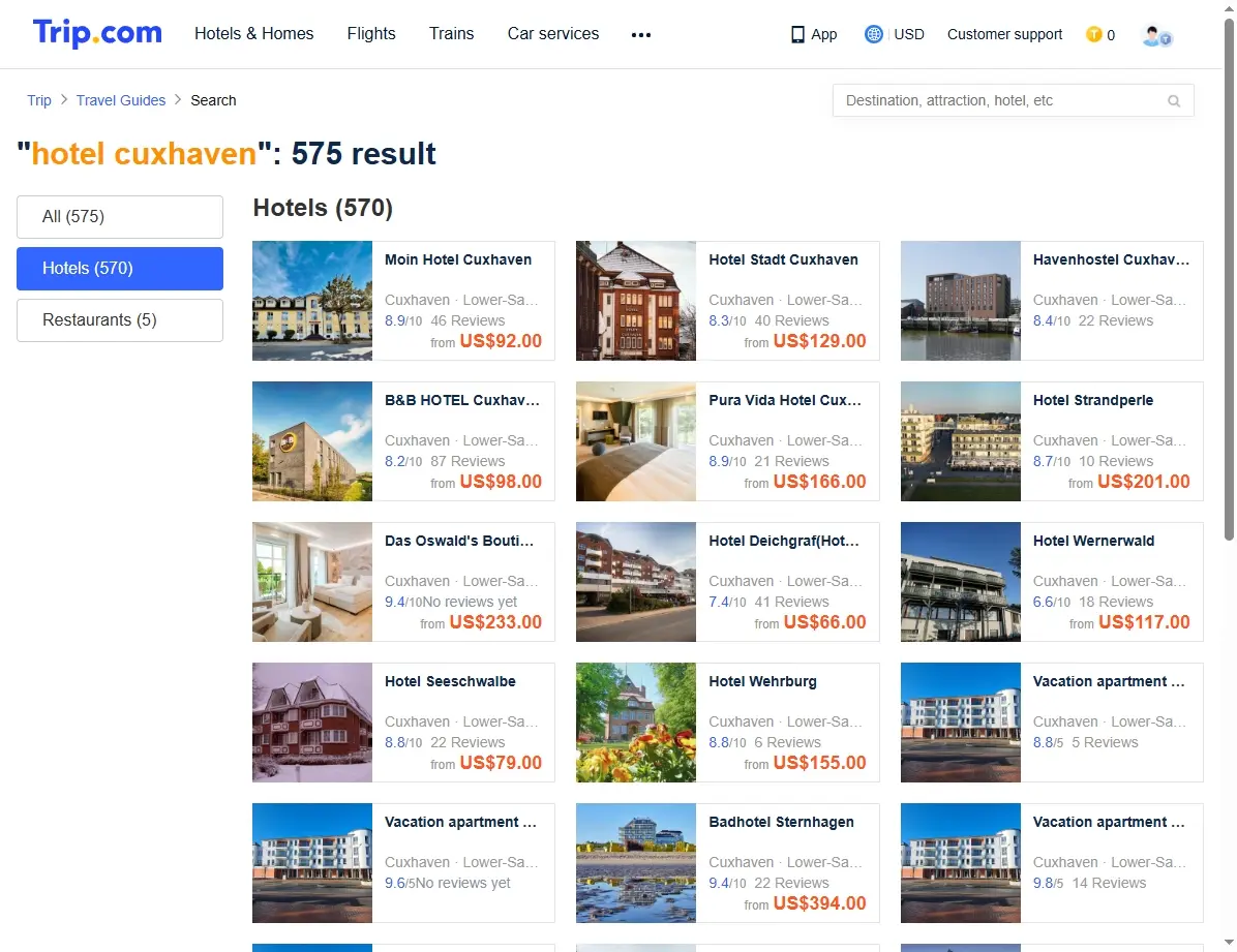 Screenshot einer Website mit Hotelangeboten für Cuxhaven