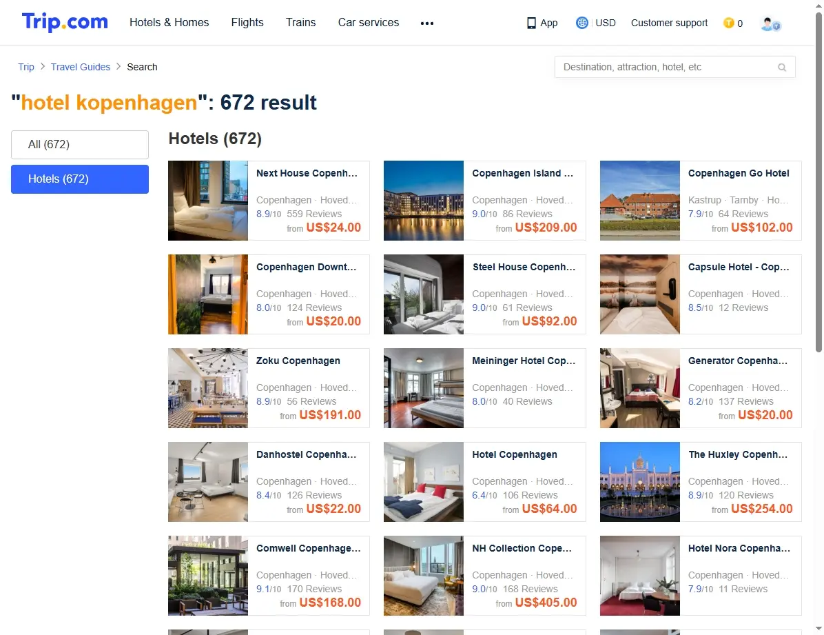 Screenshot von Trip.com Hotel-Deals für Kopenhagen