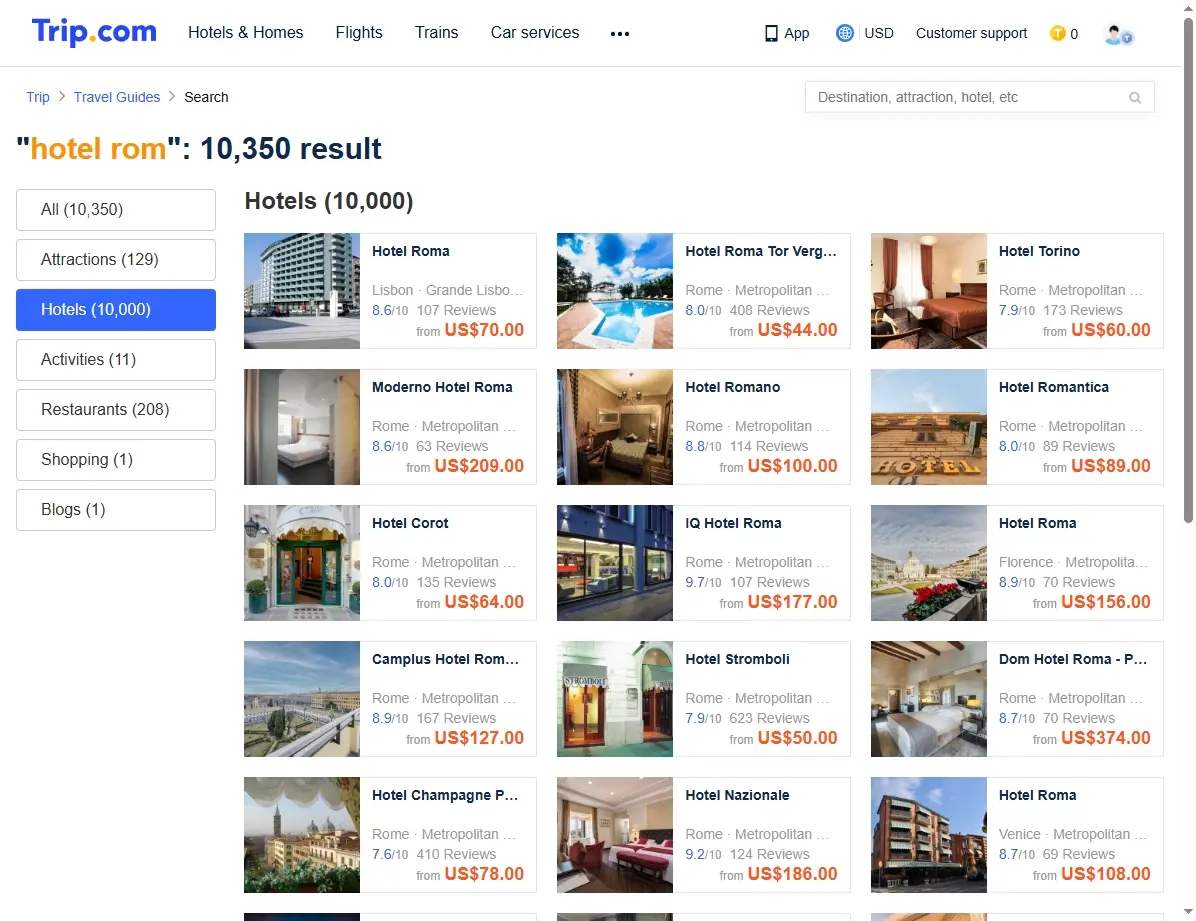 Screenshot einer Webseite mit Hotelangeboten in Rom