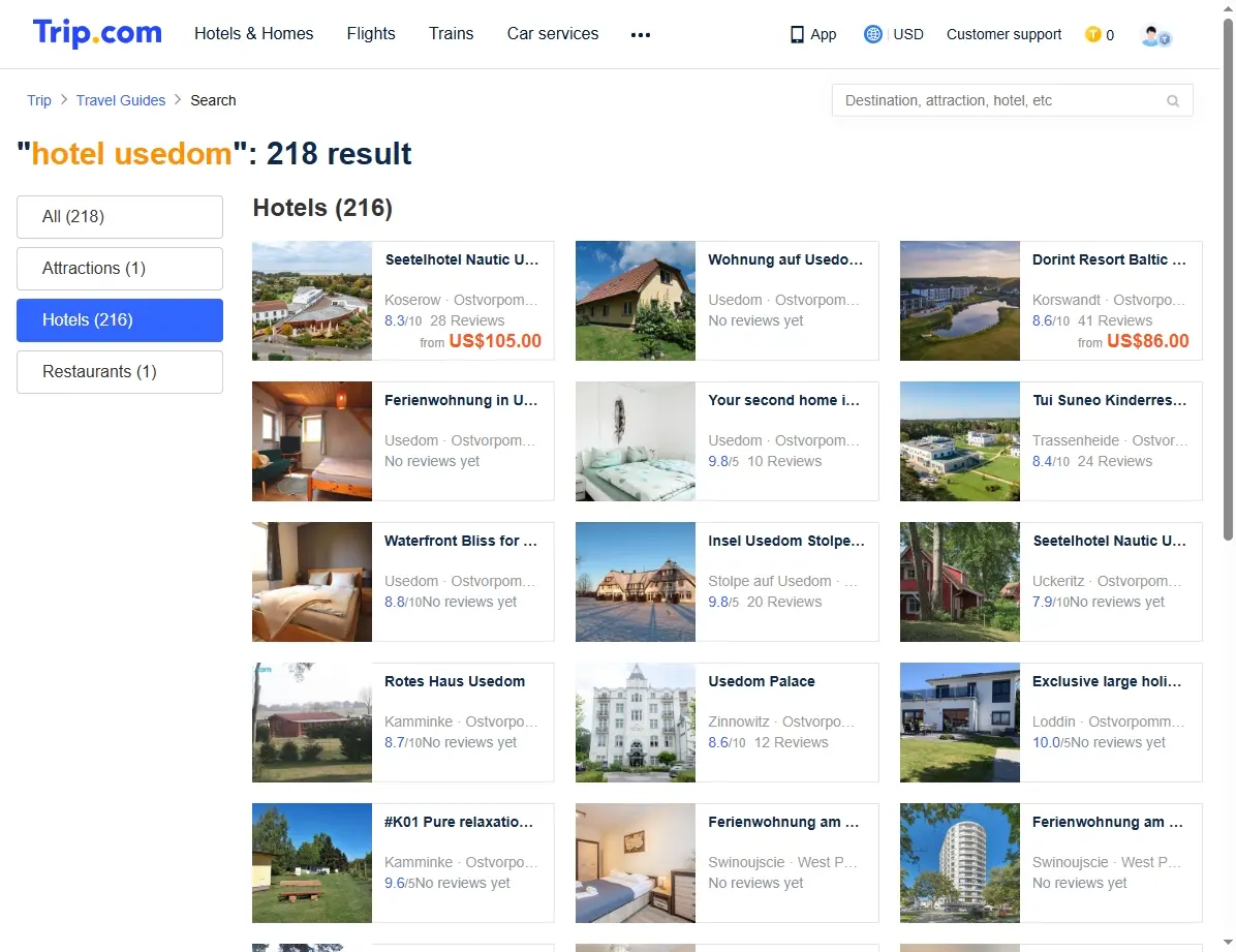 Screenshot einer Website, die Hotelangebote für Usedom anzeigt.