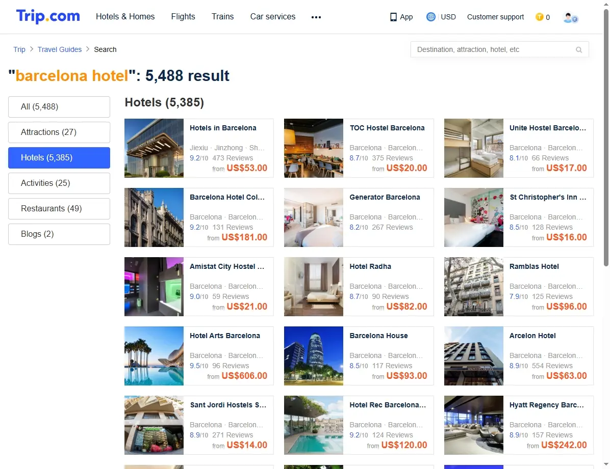 Screenshot einer Website mit Hotelangeboten für Barcelona, darunter ein günstiges Barcelona Hotel