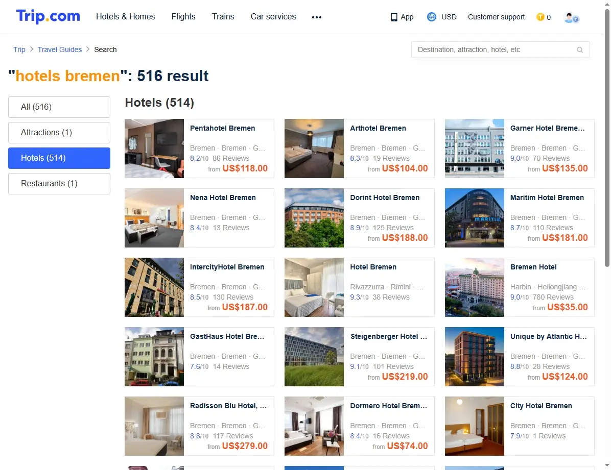 Screenshot von Hotelangeboten in Bremen