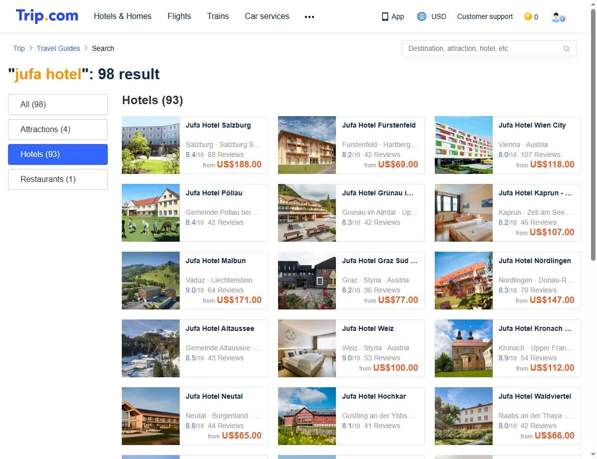 Spezialangebote für JUFA Hotels und weitere Unterkünfte auf einer Buchungsseite.